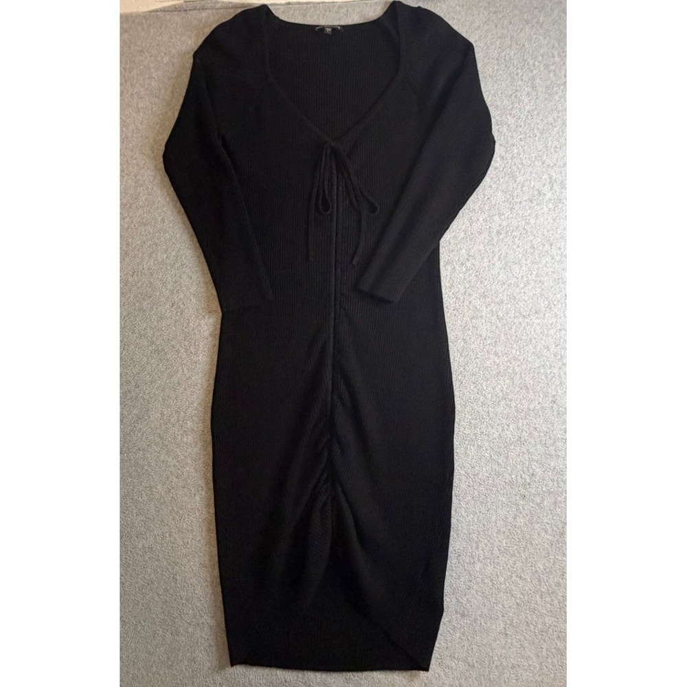 GUESS Los Angeles Black Ribbed Knit Tie Front Ruched Midi Dress Large L